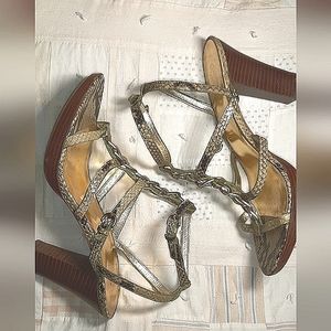 COACH | Green-ish Snake Skin Gold Ankle Strap Heels